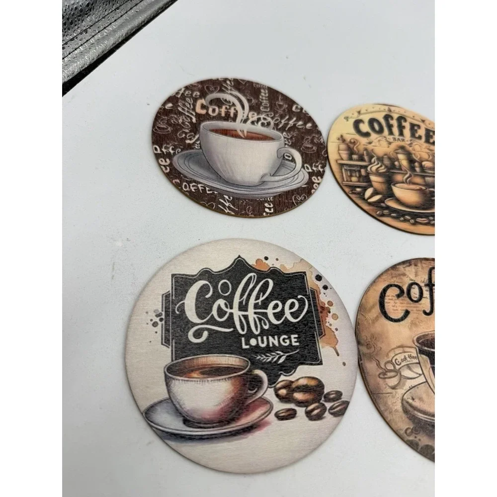 Set Of 8 Wooden Painted Coffee Themed Coasters NEW Natural Wood